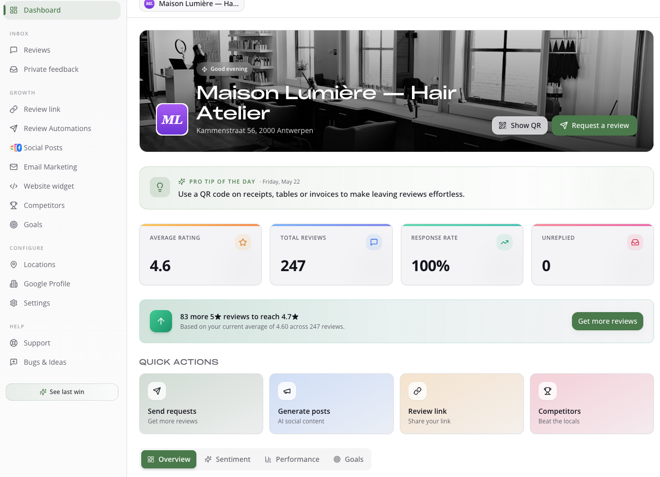 RecensioAI dashboard — sentiment, performance, posts, reviews en local SEO op één scherm