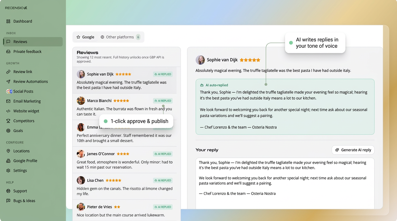 Shared reviews inbox in the RecensioAI dashboard