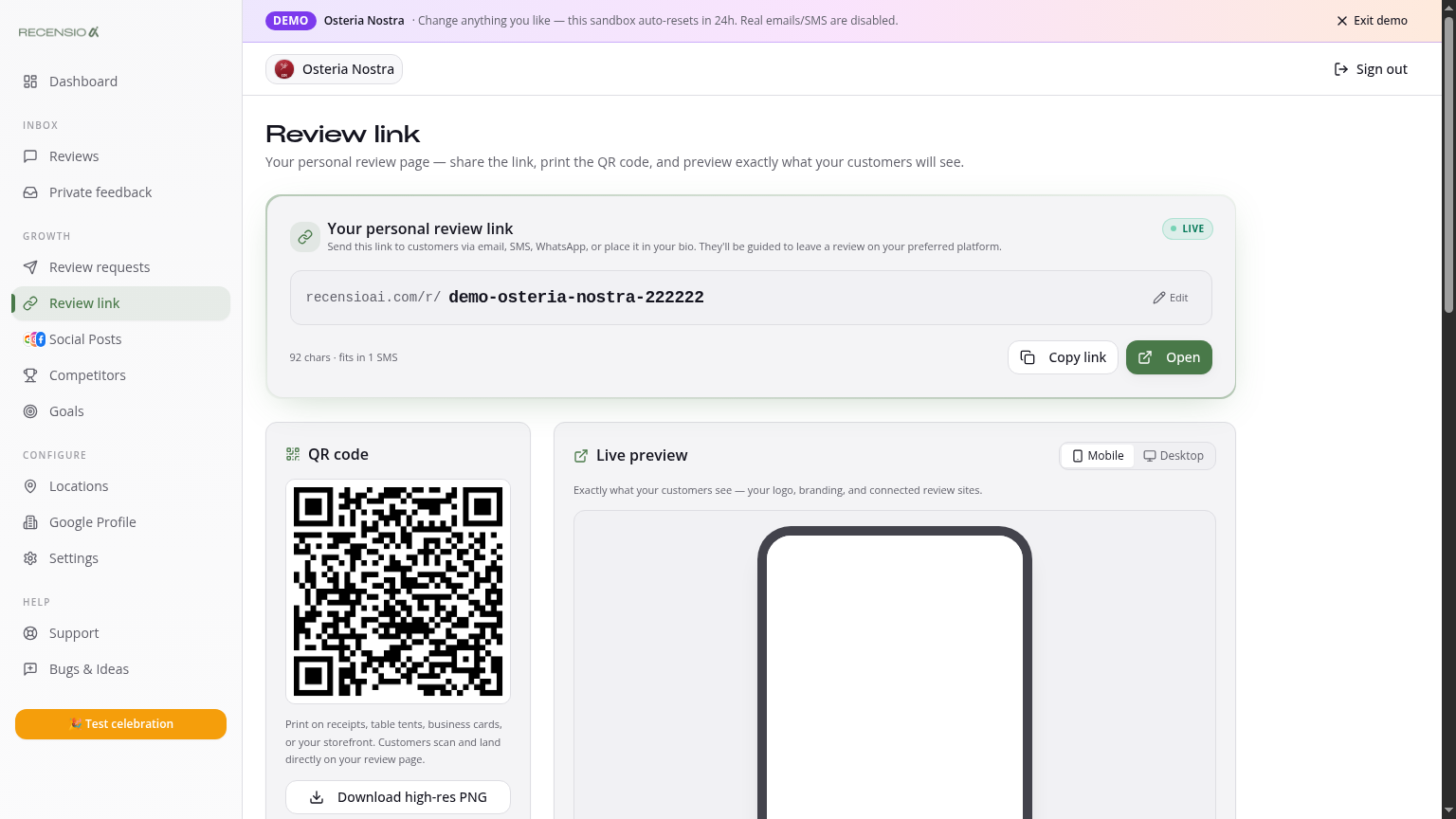 Smart Review Link — set up & brand