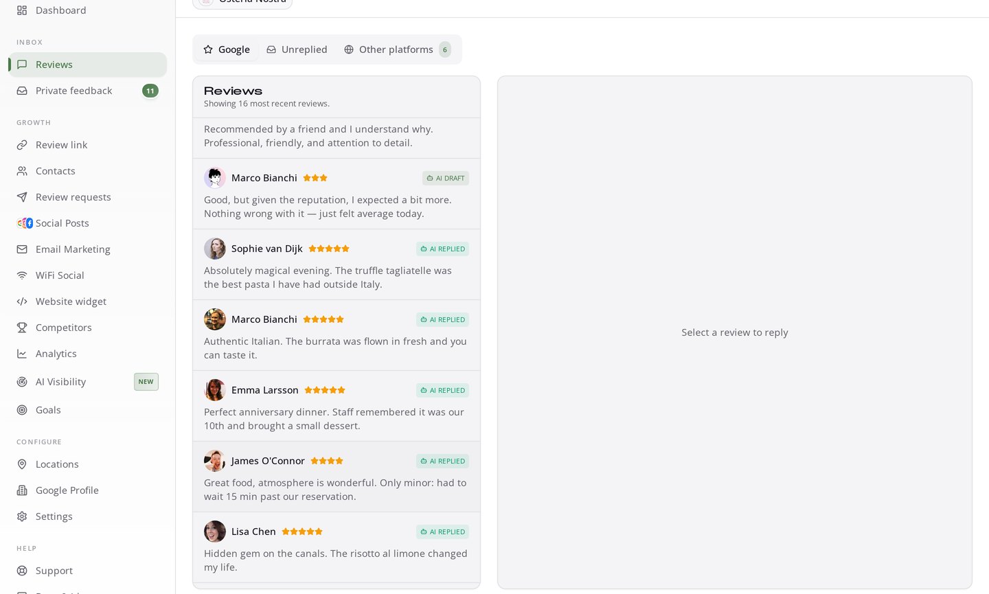 Review-inbox in RecensioAI met binnenkomende Google-reviews en labels AI REPLIED en AI DRAFT