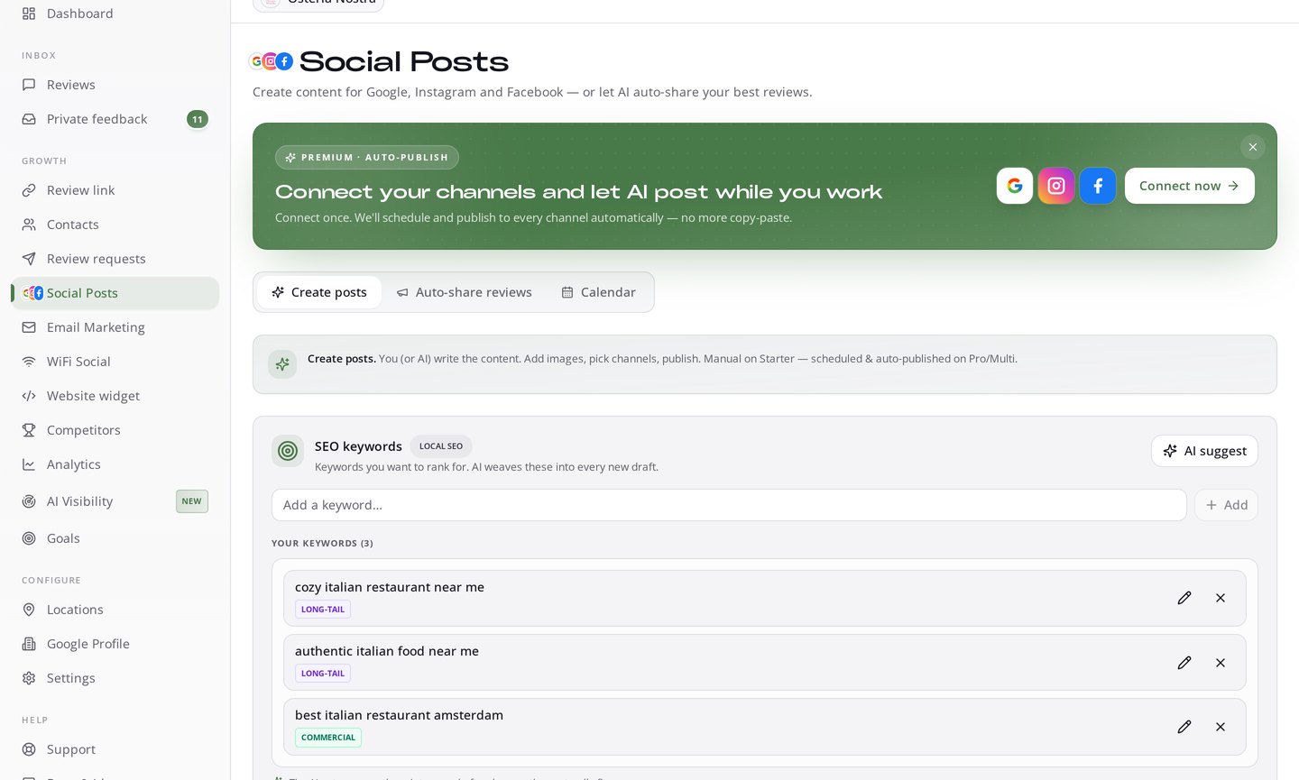 Social Posts in RecensioAI met SEO-zoekwoorden en automatisch publiceren naar Google, Instagram en Facebook